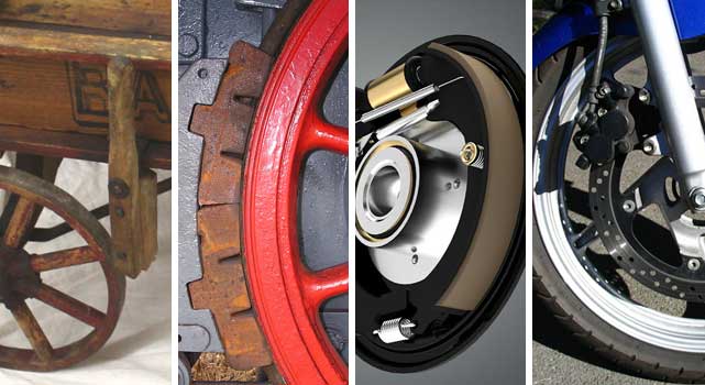 The evolution of brakes, from wood brakes to railway brakes, drum brakes, and disc brakes.